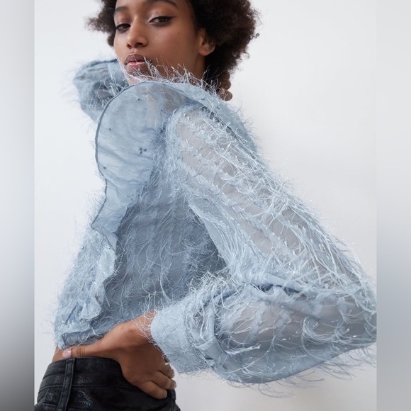 💕 HOST PICK! 💕 Zara Blue Feather Blouse with sequins - Picture 2 of 4